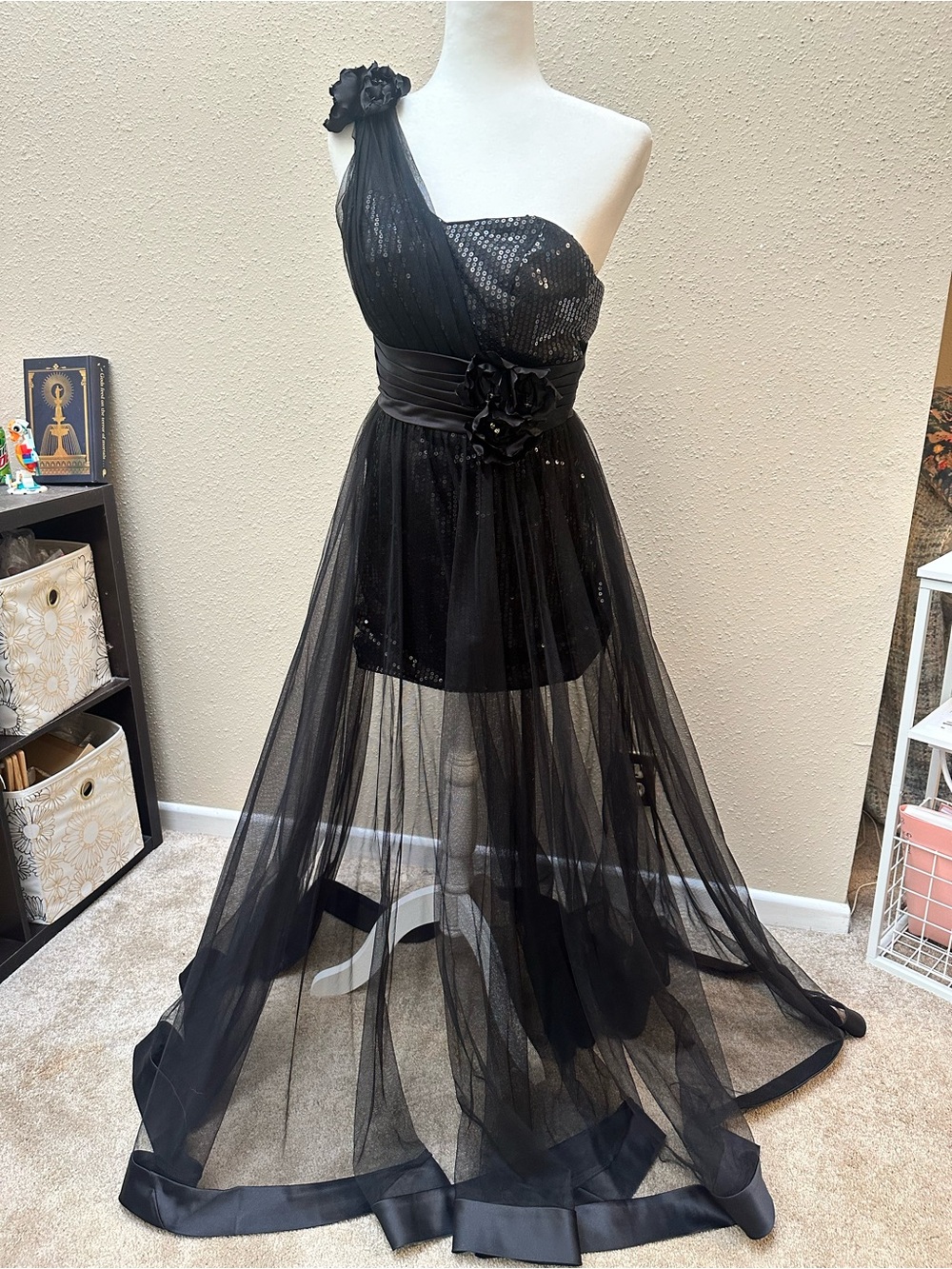 Sheer Tulle Sequin Maxi Dress One Shoulder Formal Event Gown Black Tie Sz 4 Prom - Picture 2 of 11